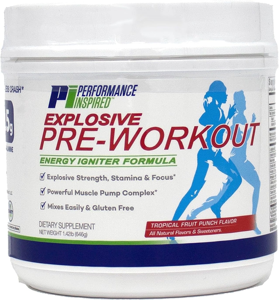 Performance Inspired Nutrition PreWorkout Powder - All Natural - G-free & Vegan Formula - Satur Citrulīnu - Nitrozigīnu - Zaļo tēju - Arginīnu - Beta Alanīnu - Tropu augļu spraudeni - 32 Kalpo