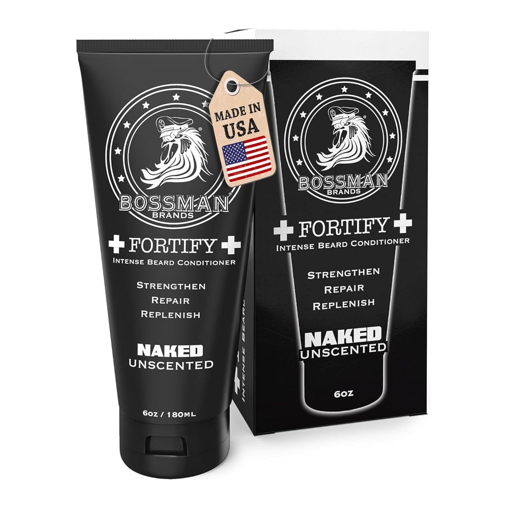 Bossman Fortify Intense Beard kondicionieris vīriešiem (Naked - Unscented) – Mitrina, atjauno un aizsargā ar dabas sastāvdaļas – Biezāka formula, Ražots ASV