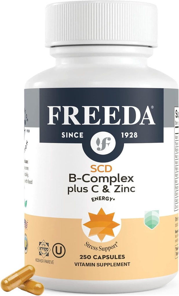 FREEDA Complete B komplekss ar vitamīnu C & Cinka – SCD juridisko vitamīnu B komplekss (B1, B2, B3, B6, B12) – 250 Veģetārās kapsulas, Piemērots visiem, tostarp SCD Diēta Sekotāji, Daily Health Support