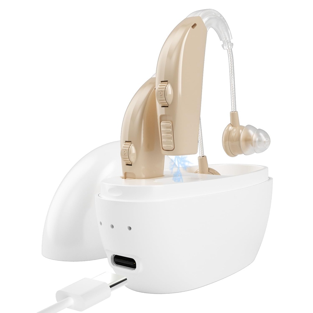 Hearing Aids for Seniors with Hearing Loss, Rechargeable Hearing Amplifiers with Noise Cancelling and Volume Control for Adults Women Men, Behind-The-Ear Hearing Aid