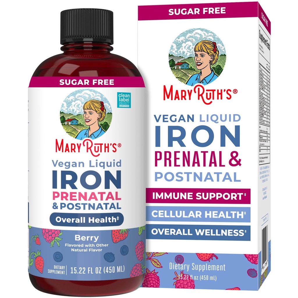 MaryRuth Organics; Šķidrā dzelzs Papildinājums Prenatālā un postnatālā grūtniecībai; Dzelzs deficīts; Imūnsupports; Bez cukura; Vegan; Ne-GMO; 15.22 Fl Oz