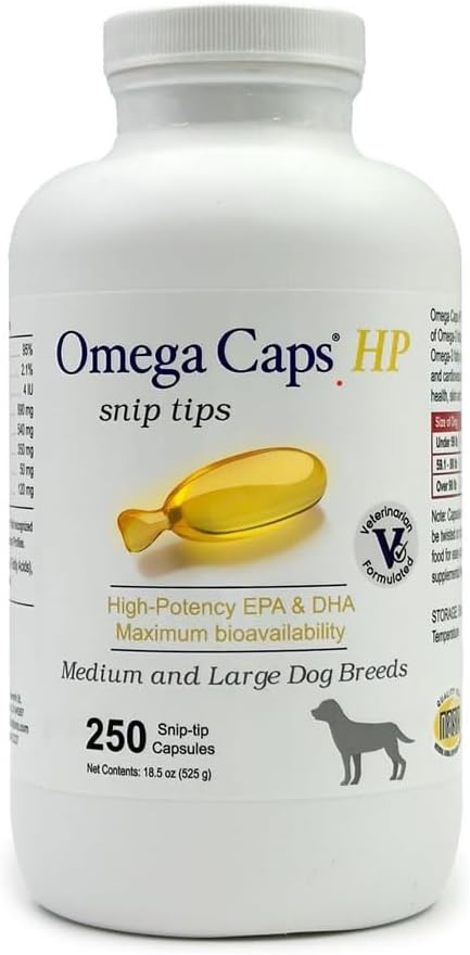 Omega Caps HP Snip Padomi vidējiem un lieliem suņiem Augstas potences EPA un DHA maksimālā bioloģiskā pieejamība Zivju eļļa Papildinājums Vet Formulēts ASV Ādas mēteļu locītavu un sirds veselība 250 kapsulas