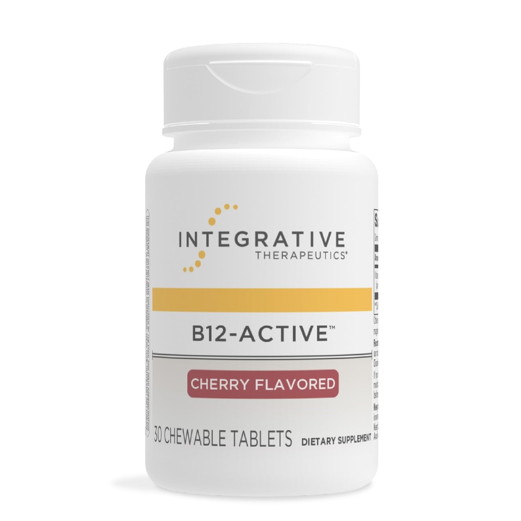 Integratīvie terapeitiskie līdzekļi B12-Active - B12 Papildinājums nervu funkcijas atbalstam* - Košļājamais atbalsts - Piens, Sojas un glutēna-free - Ķiršu aromatizēts, 30 košļājamās tabletes (30 Servējumi)