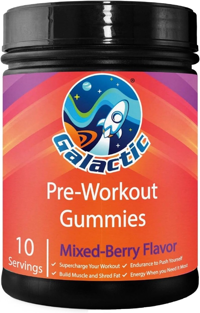 Galaktikas pirms treniņa Gumijas, visi dabas, 250 mg kofeīns, beta-alanīns, L-citrullīns, L-teanīns, hroma pikolināts, 10 Kalpo