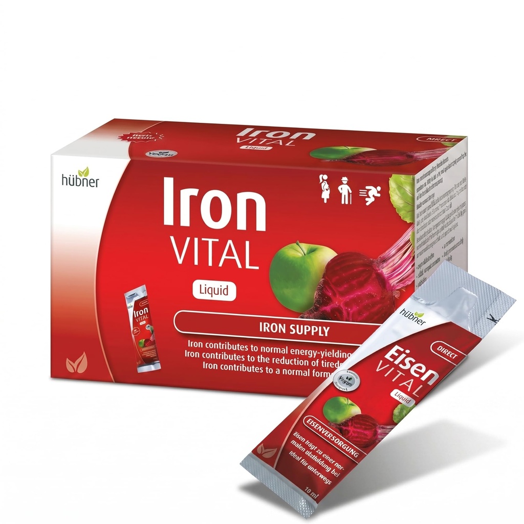 Hübner Iron Vital Liquid Iron Supply Plus C vitamīns, uztura bagātinātājs pieaugušajiem un bērniem, Vegāns un bez glutēna, augļu uzlējums, kaste ar 20 iepakojumiem, 10 ml katrs