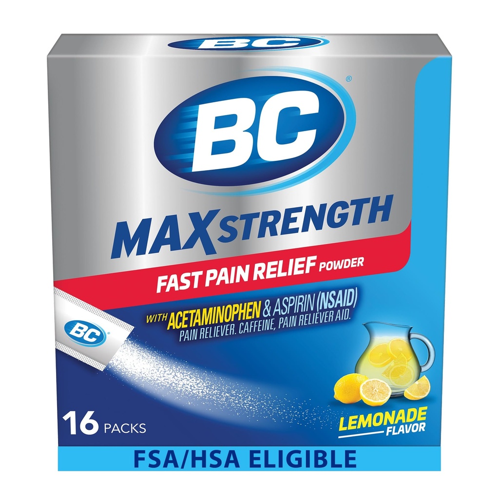 BC MAX spēks Ātru sāpju atvieglošanas pulveris, Lemonade Flavor Aspirin 500mg un Acetaminofēns 500mg Izšķīdiniet iepakojumus, 16 Skaits