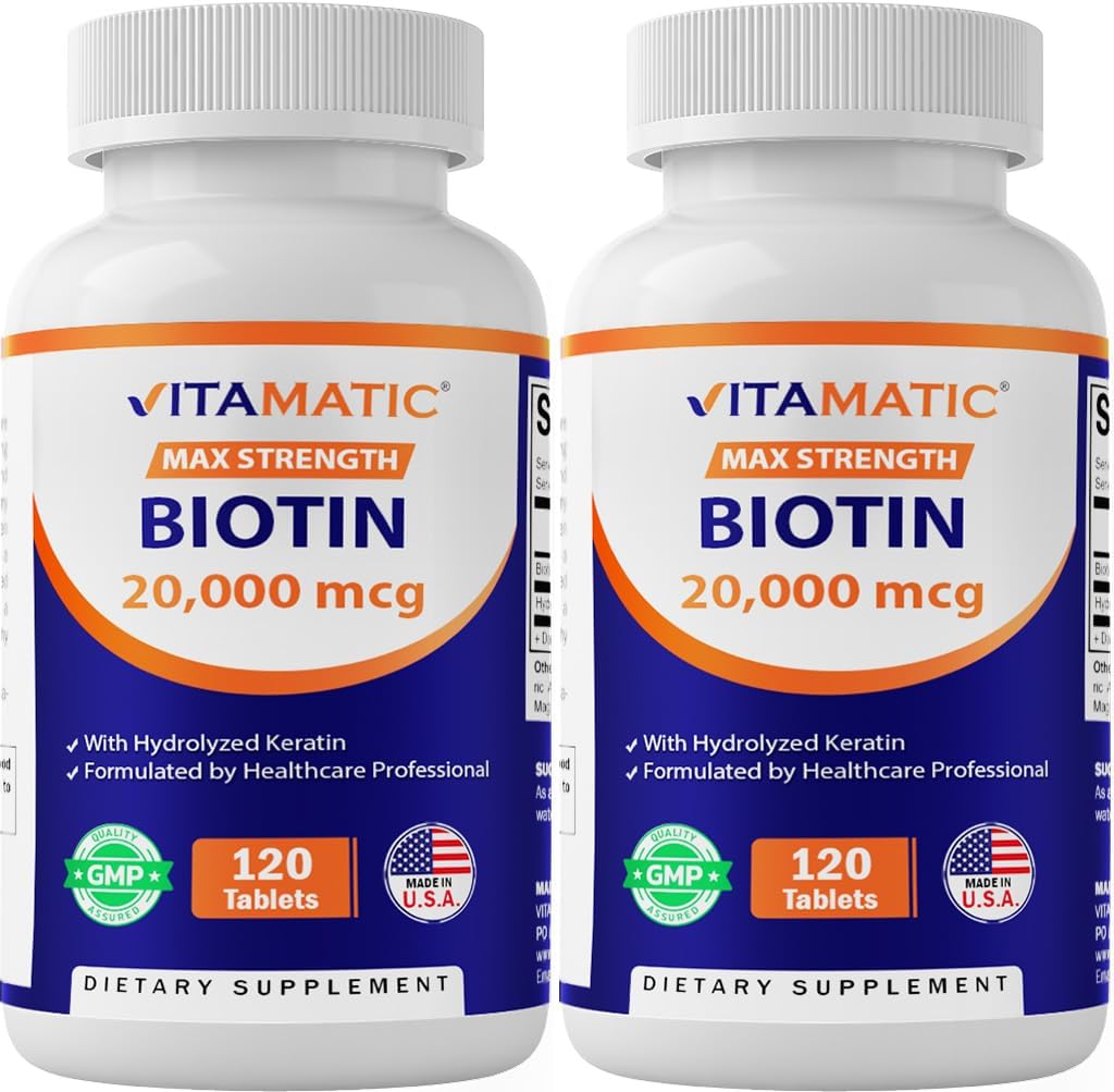 Vitamatic High potence Biotin 20000 mcg (20 mg) ar keratīnu 100mg - 120 Veģetārās tabletes - Biotīna piedevas veselīgai ādai un nagiem pieaugušajiem (120 skaitīšana (2. iepakojumā))
