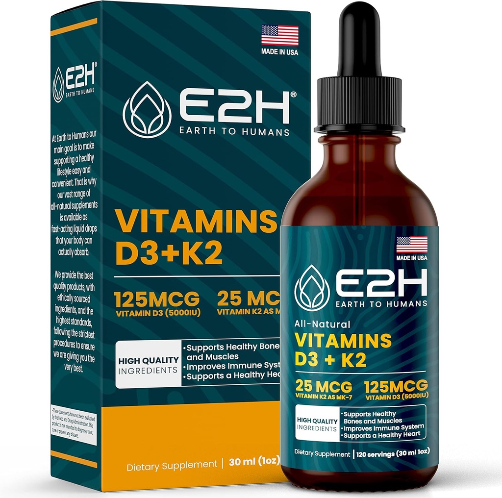 E2H Vitamīnu D3 & K2 papildinājums imūnās sistēmas atbalstam - šķidrais vitamīns D3 5000 SV - ražots ASV - Ne-GMO, Vegan - 120 Servējumi