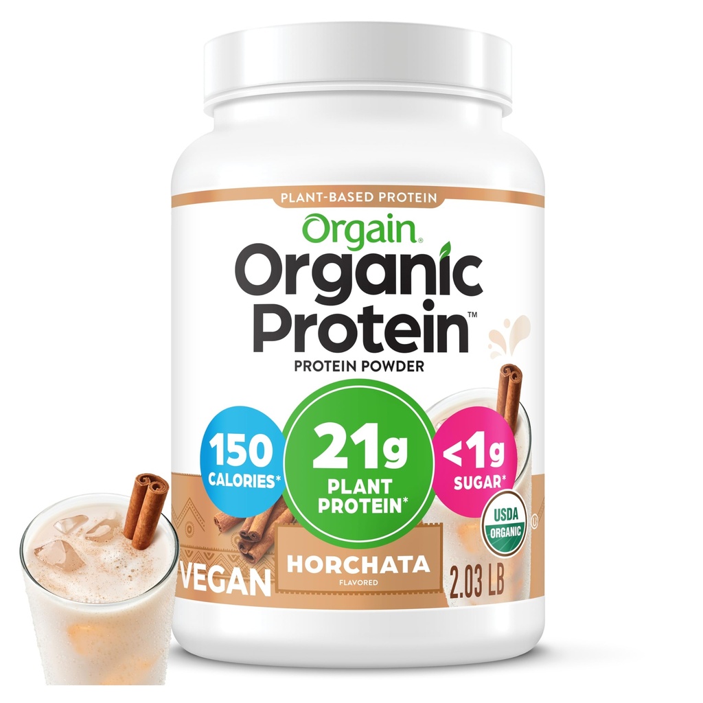 Orgain Organic Vegan Protein Powder, Horchata - 21g Augu izcelsmes proteīns, 9g Prebiotic Fiber, zema līmeņa ogļhidrāti, Nr Laktozes sastāvdaļas, nav pievienots cukurs, nav GMO, kratīšanai un gludumiem, 2.03 lb