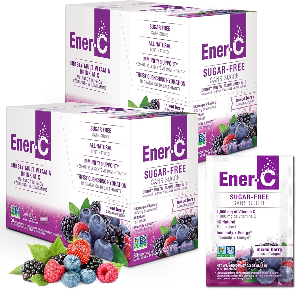 Ener-C bezcukura multivitamīnu dzērienu maisījums - Vitamīnu pulveris ūdenim, Elektrolītu pulveris Nav cukura, Hidratācijas Boost Paketes, Nulles Cukura, Vitamīnu C & B12 Papildinājums Šķidrais maisījums - Jaukta Berry, 60 Count