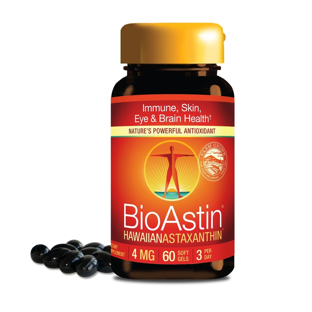 Nutrex Hawaii BioAstin Hawaiian Astaksantīns - 4mg, 60 Softgels - Farm-Direct Premium Antioksidants Papildinājums, lai atbalstītu acu, ādas, locītavu un imūnās sistēmas veselību - bez GMO un lipekļa