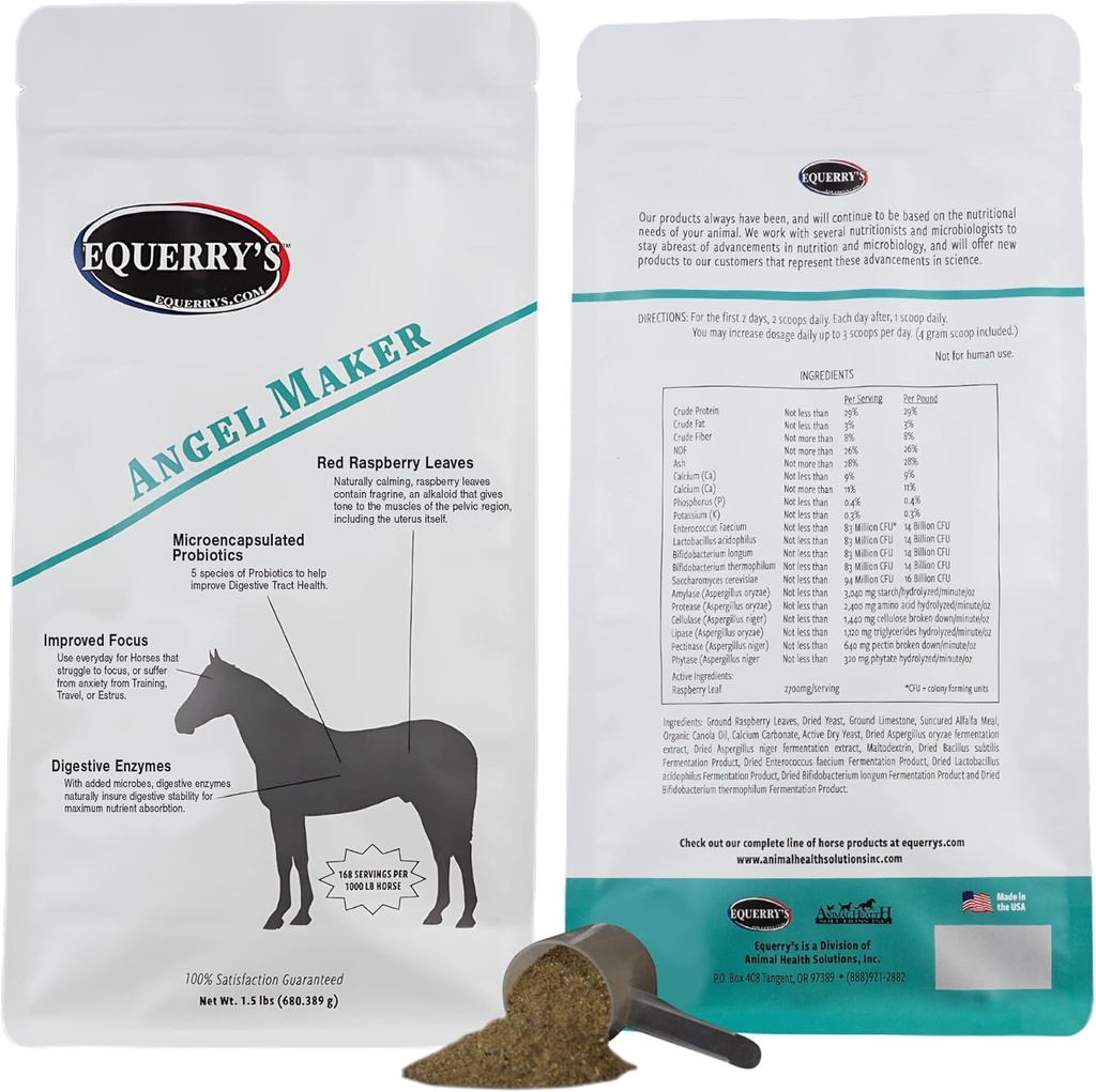 Equerry s Angel Maker, Aveņu lapu, mikrokapsulēta probiotikas Papildinājums Zirgu čūlas ārstēšana un gremošanas veselības nomierināšana un fokuss, 1.5lb.