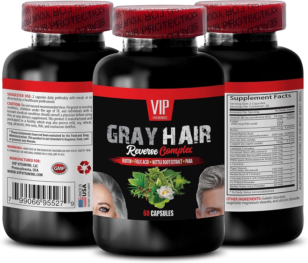 Matu zudums vīriešiem - Grey Hair Reverse Complex - Natural Solution - Spēcīgi rezultāti, cinka Hair Vitamīni, biotīns Papildinājums, paba, biotīns Papildinājumi matiem un nagiem, pelēks Hair Vitamīni, 1B 60 Caps