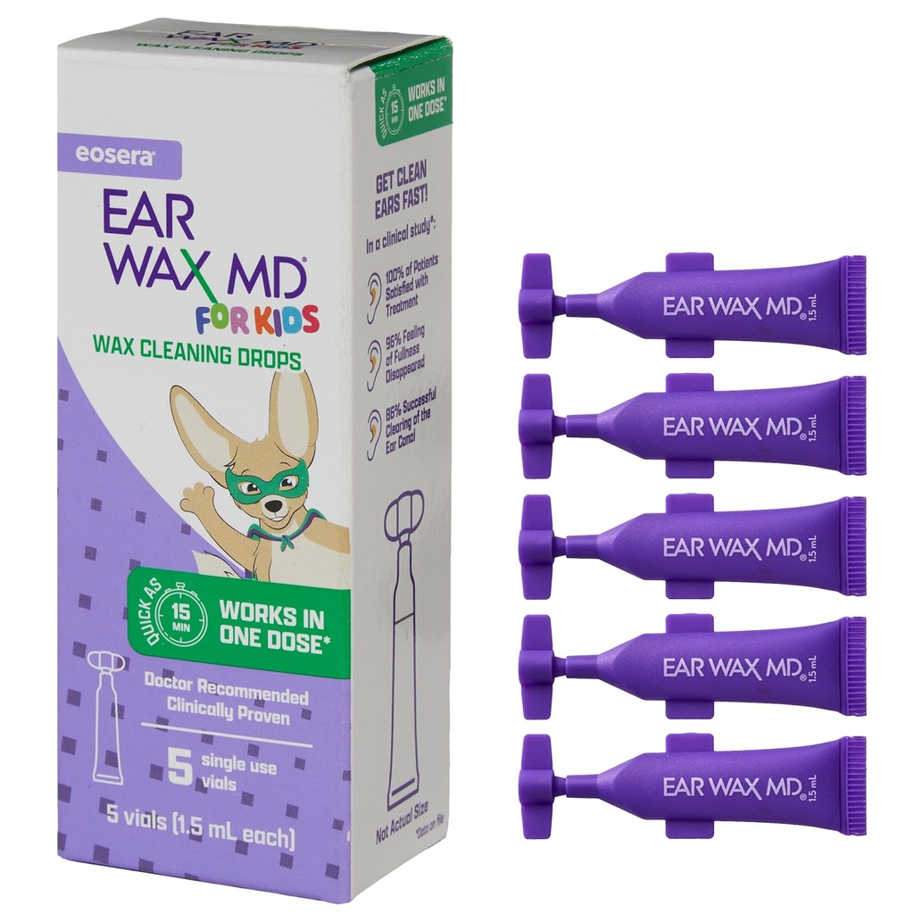 eosera® Ausu vakss MD® bērniem - Ausu vaska tīrīšanas pilieni, 5pk Flakoni -- Ātri iedarbojas -- Breaks Down & Dissolves Ausu vakss tikpat maz kā 1 Ārstēšana -- klīniski pierādīta -- Maiga un droša I bērniem vecumā 2+