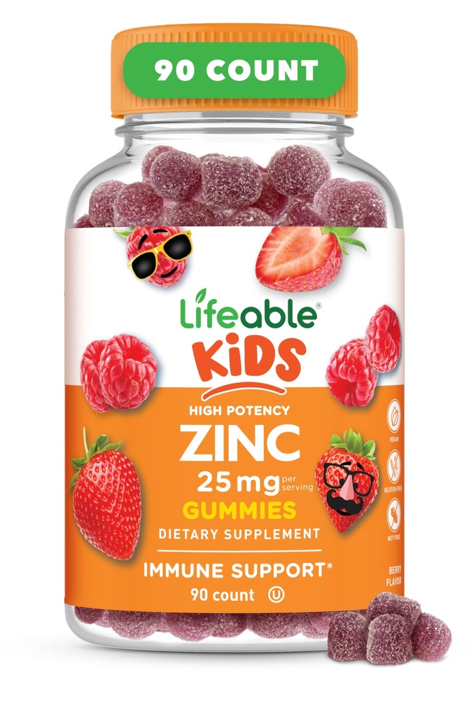 Lietojams cinks bērniem - 25mg - Great Tasting Dabīgs aromatizēts cinks Gumijas - bez lipekļa Veģetārie neĢMO Cinka papildinājumi -- Cinka Imūnsupportam - 90 Gumijas