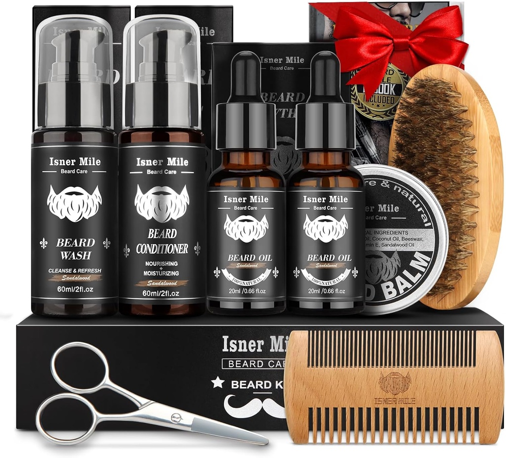 Bārs Komplekts vīriešiem Kopšana & Kopšana: ar 2 Iepakojums Beard Oils un Balm - Mazgāšanas & Kondicionieris pēc skūšanās Losjoni Sandalwood, Suka un Comb Komplekti ar Šķēres, Valentīna Tēvi Dāvanas tētim / vīriešiem / Him