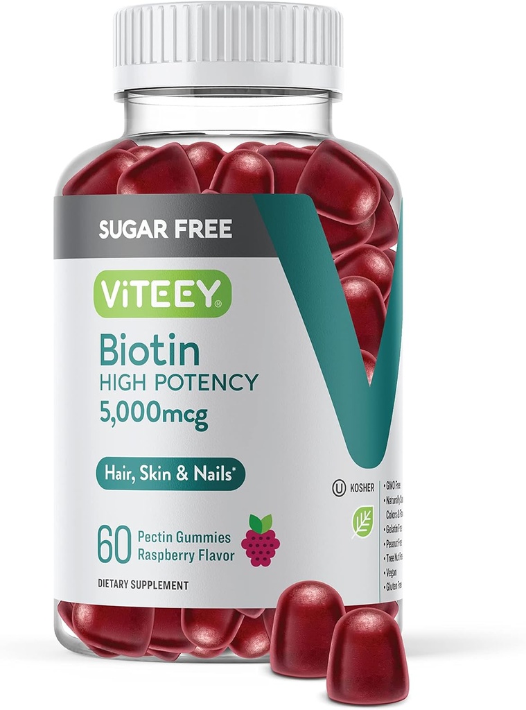 VITEEY Biotin Gumijas matiem, āda, un naglas 5,000mkg - bez cukura - matu augšanas Gumijas, veselīgas ādas spīdums, spēcīga veselīga nagu augšanu - vegan, bez lipekļa, želatīns bez košļājamā Aveņu Flavor