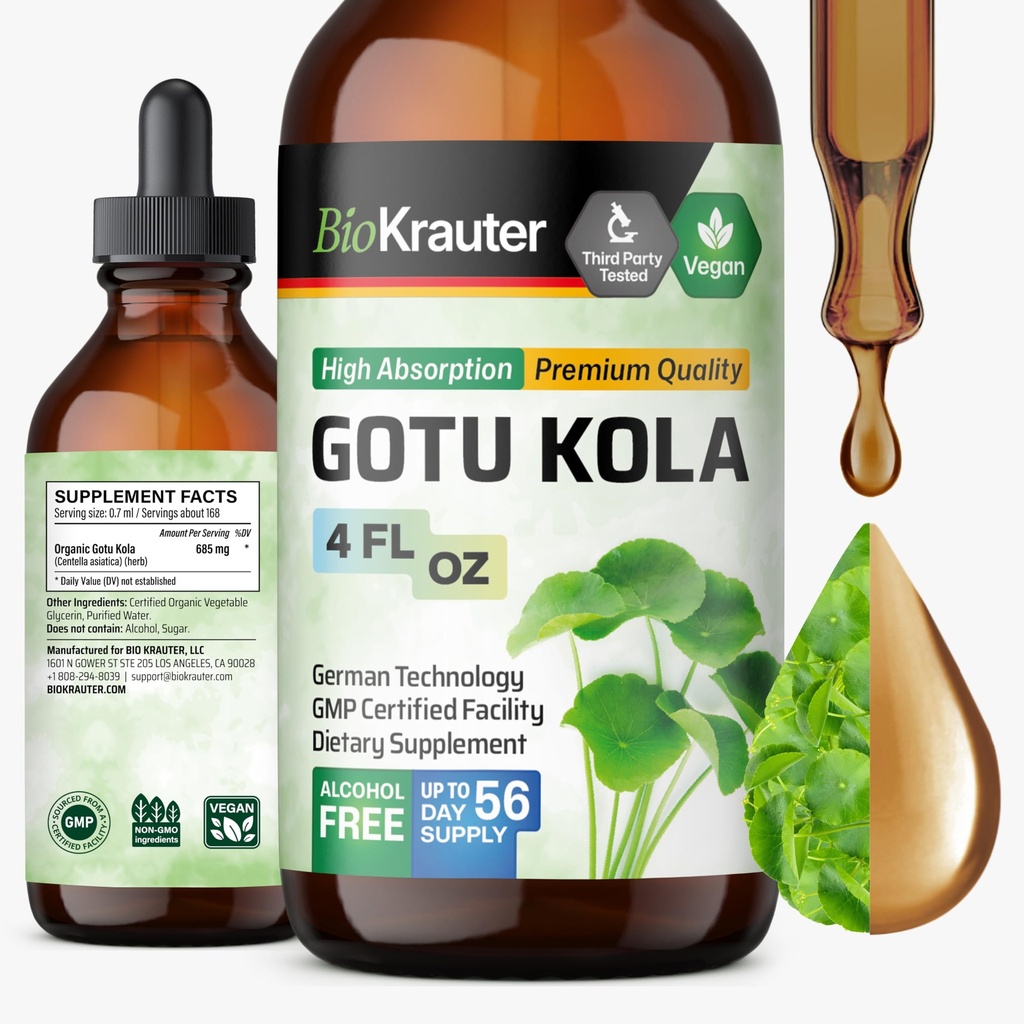 BIO KRAUTER Gotu Kola Tincture - Centella Asiatica ekstrakts - Alkohols un bezcukura Gotu Kola ekstrakts - Vegan Drops 4 Fl.Oz.