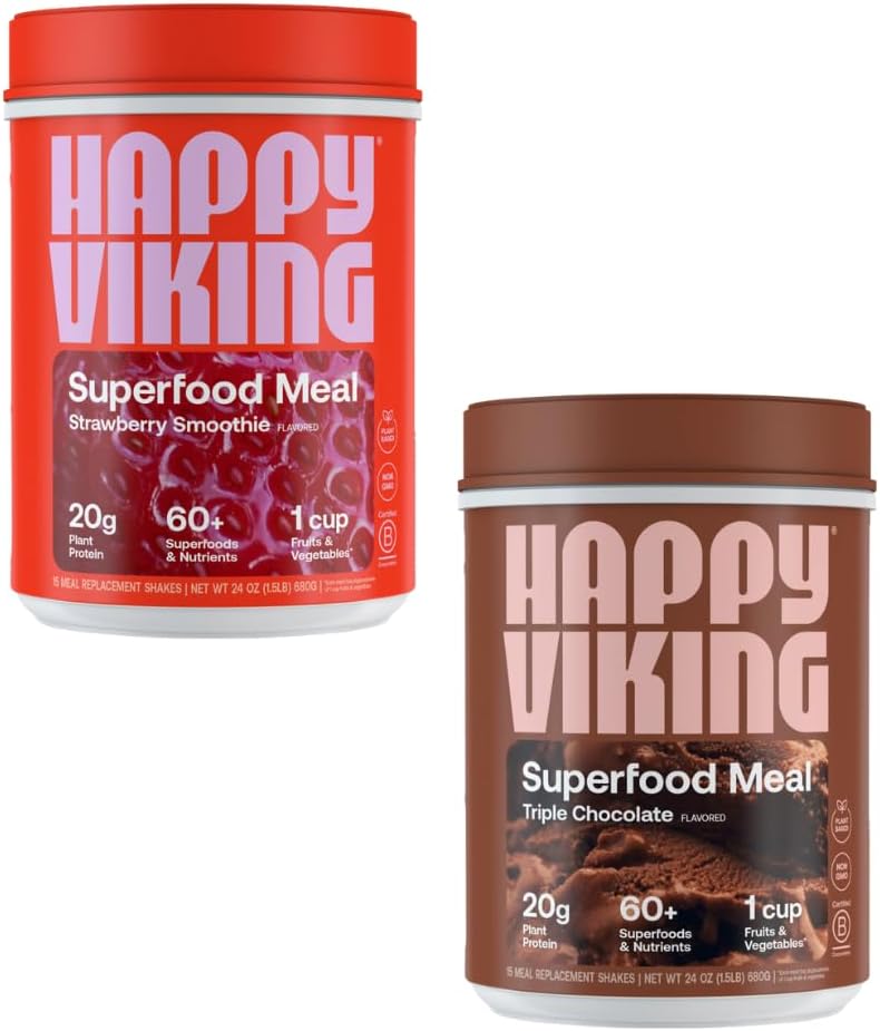 Happy Viking Chocolate and Strawberry Powder, by Venus Williams, 20G Protein, Low Carb, Keto, Vegan, Gluten-free, Superfoods, Complete Meal Replacement, 2 Canisters (24 oz. Katrs)