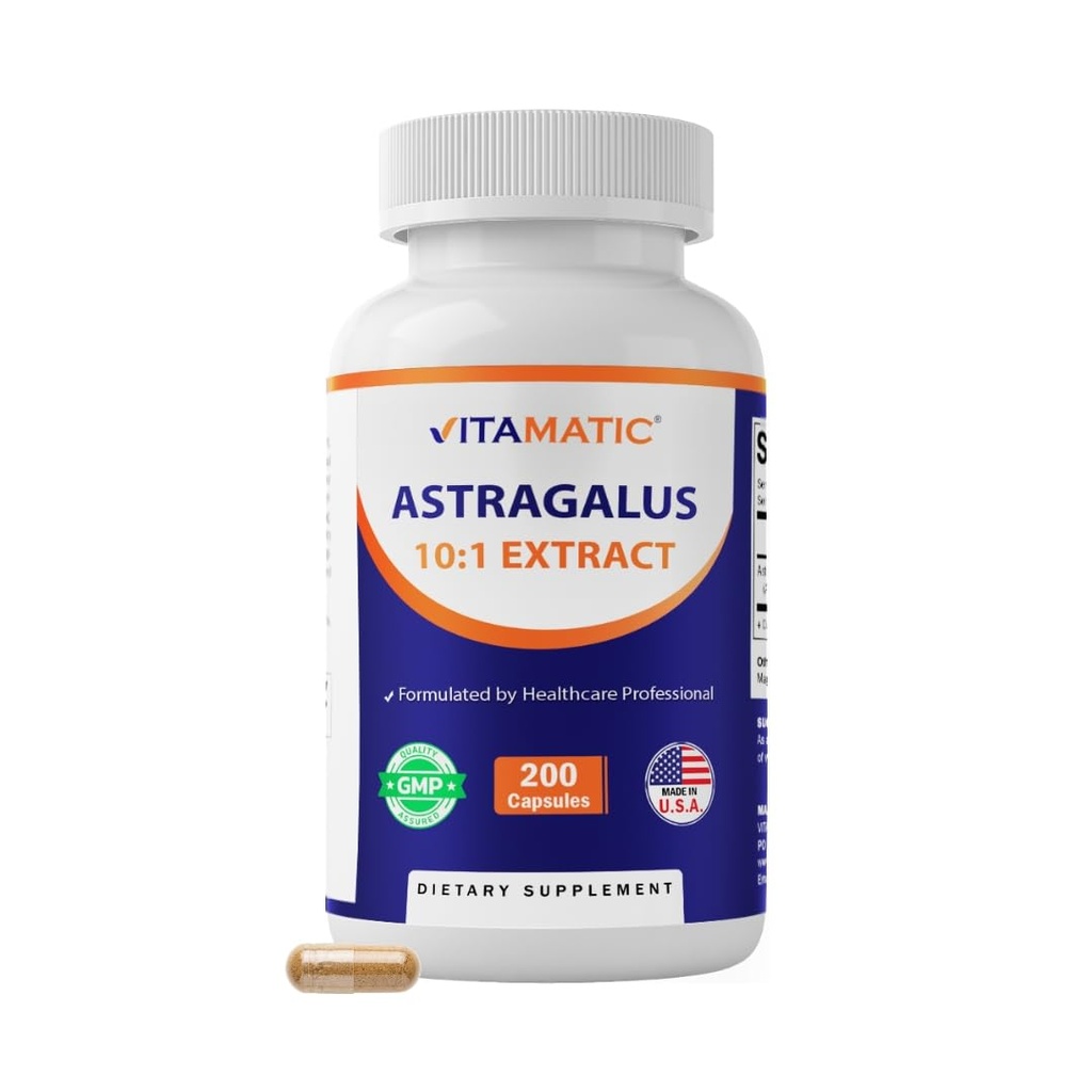 Vitamatic Astragalus 200 Veg Kapsulas - 10:1 Astragalus ekstrakts 500mg - Ne-GMO, bez lipekļa