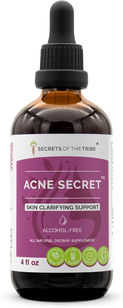Noslēpumi Tribe Acne Secret Alcohol-free Extract, Tincture, Glicerīts Boldo, Corn Silk, Stinging Nettle Leaf, Alfalfa, Senna Leaf. Ādas skaidrojošais atbalsts (4 Fl Oz)