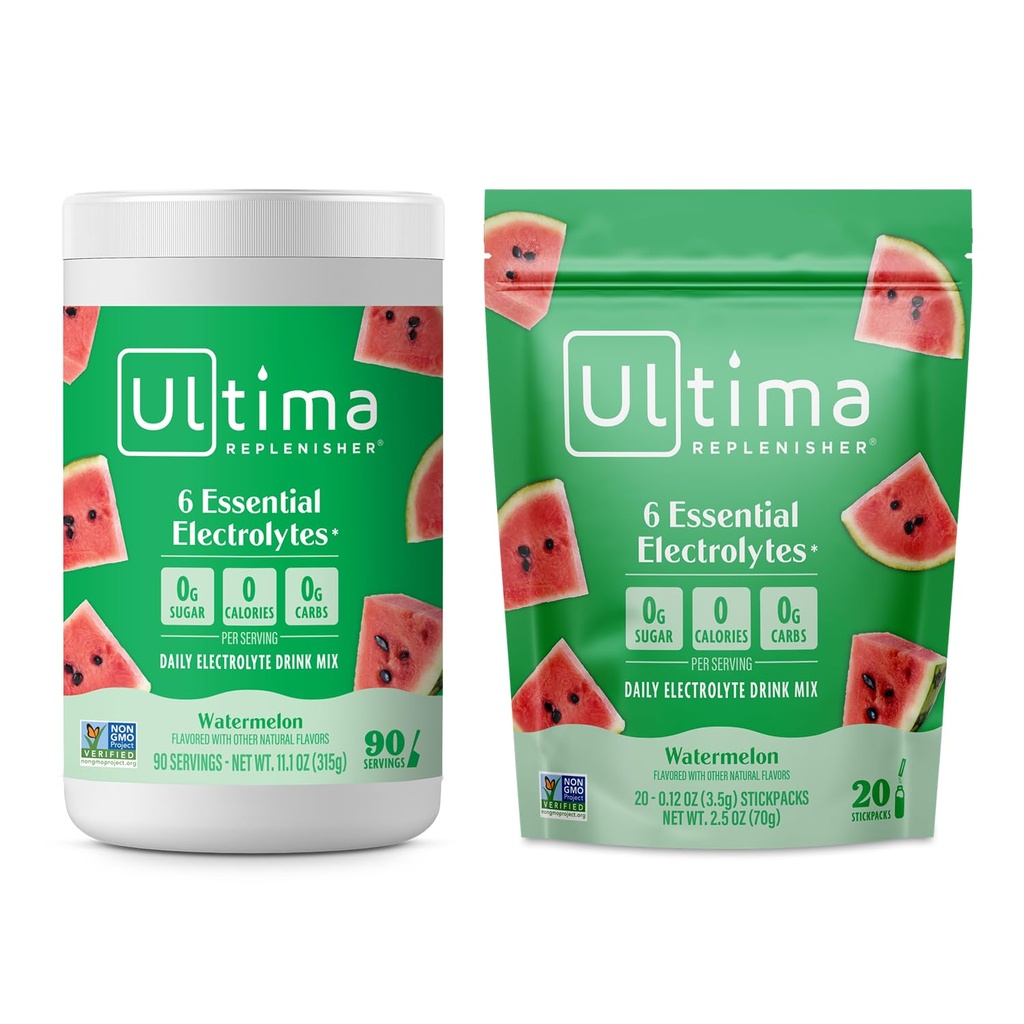Ultima Replenisher Elektrolītu pulveris Dzēriens Sajauciet Bundle – Bezcukura – Arbūzs, 90 Kalpojiet konfektes un 20 Iepakojumi – 6 Elektrolīti un minerāli – Keto Friendly, Vegan, Non-GMO