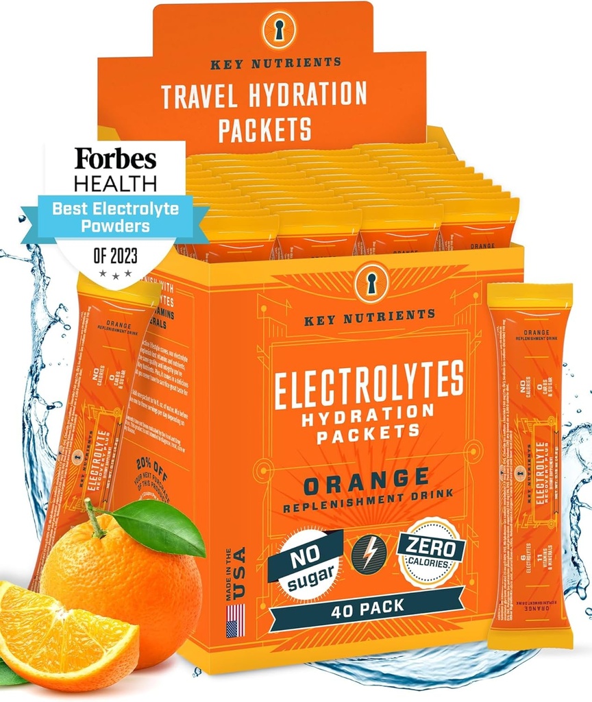 KEY NUTRIENTS Elektrolītu pulvera paciņas - Tangy Orange 40 Pack Hydration Packets - Travel Hydration Powder - Ražots ASV - Nav cukura, Nav kaloriju, bez lipekļa