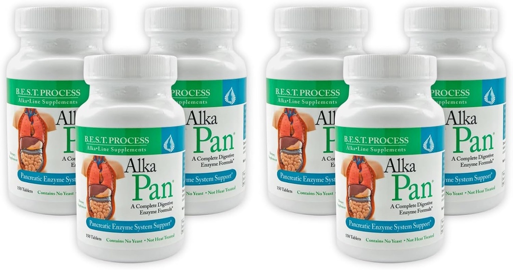 Alka•Pan (6 Pack) Labākais procesa sārms – Dabisks gremošanas papildinājums – Aizkuņģa dziedzera enzīmi ar antioksidantu Rich Superfoods & Digestive Herbs