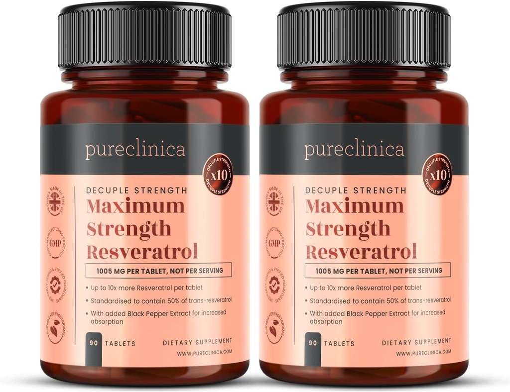 hydeclinica 1000mg Resveratrol x 180 tabletes (2 pudeles ar 90 tabletēm katrā - 6 mēnešu piegādes). 10 x stiprums un ar melno piparu ekstrakts ātrāku uzsūkšanos