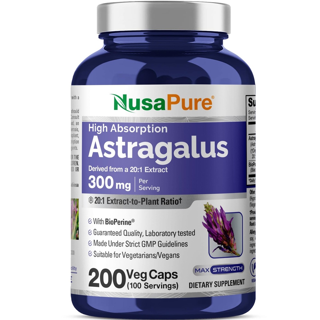 NusaPure Astragalus 20:1 ekstrakts, 300 mg Ekvivalents 6000 mg Per Serving, 200 Veggie kapsulas, ne-GMO un bioperīns