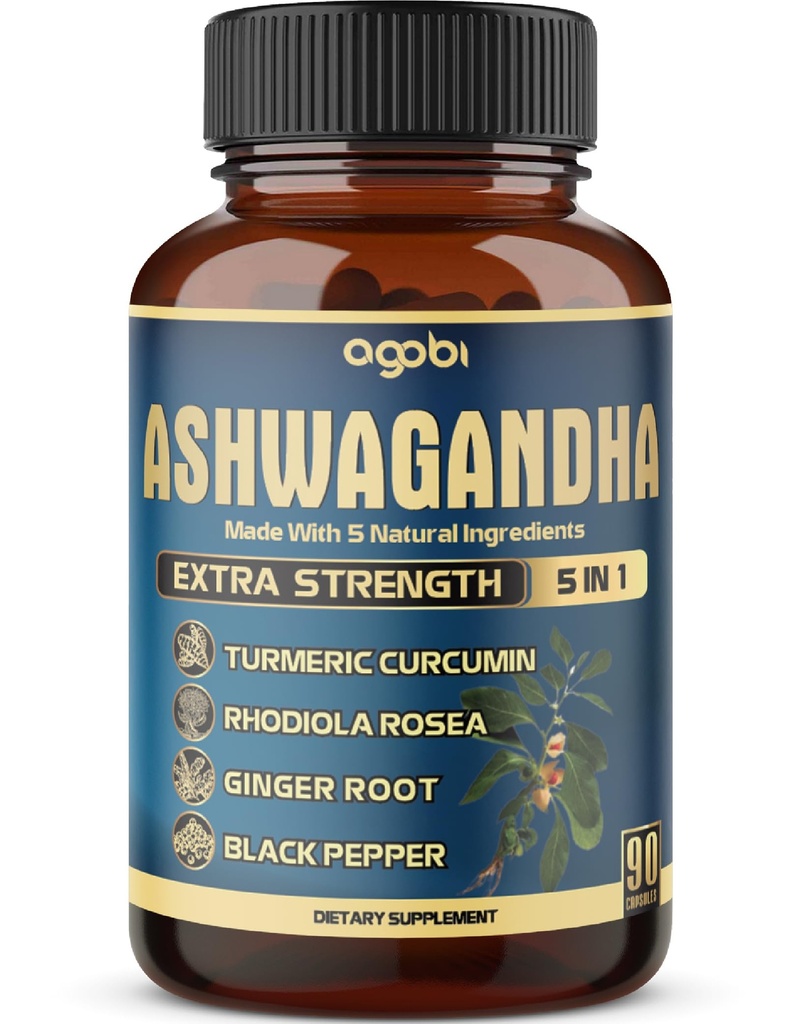 Ashwagandha ekstrakts Kapsulas - Lielisks stiprums - 5in1 Blended Ginger, Turmeric, Rhodiola Rosea & Black Pepper - 90 kapsulas 3 mēnešiem - stiprums, gars un imūnā atbalsta