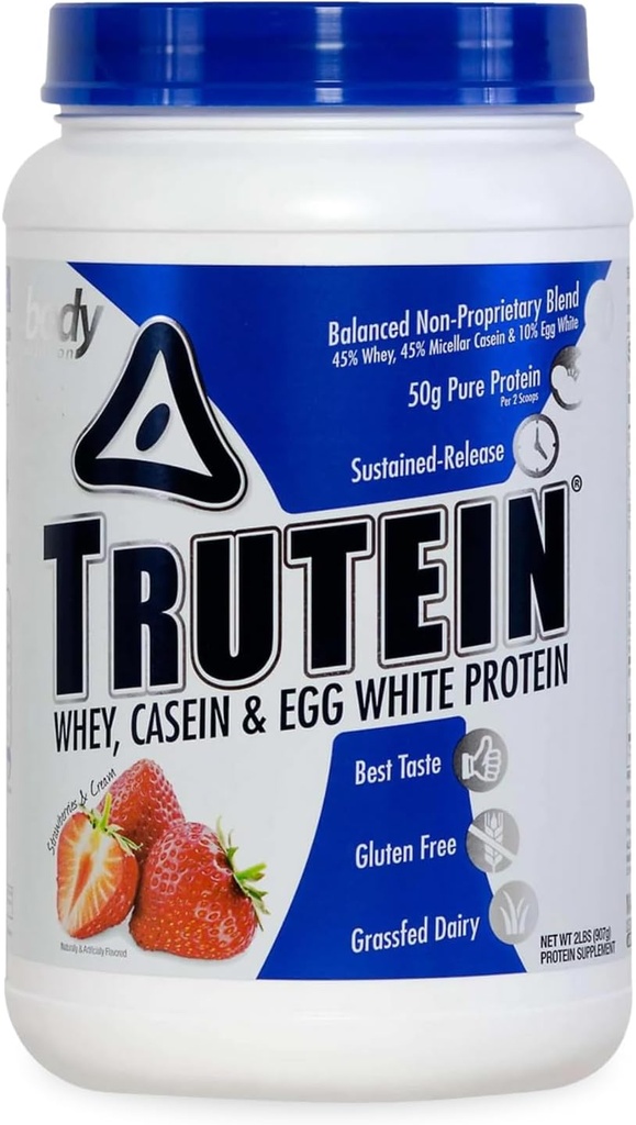 Body Nutrition Trutein High Protein Pulveris: 45% Sūkalas, 45% Kazeīns, 10% Olbaltas, bez lipekļa, zems nātrija līmenis, zāles kausētu sūkalu olbaltumvielu pulveris, Gym papildinājums un brokastis Shake, zemenes un krēms, 2lb