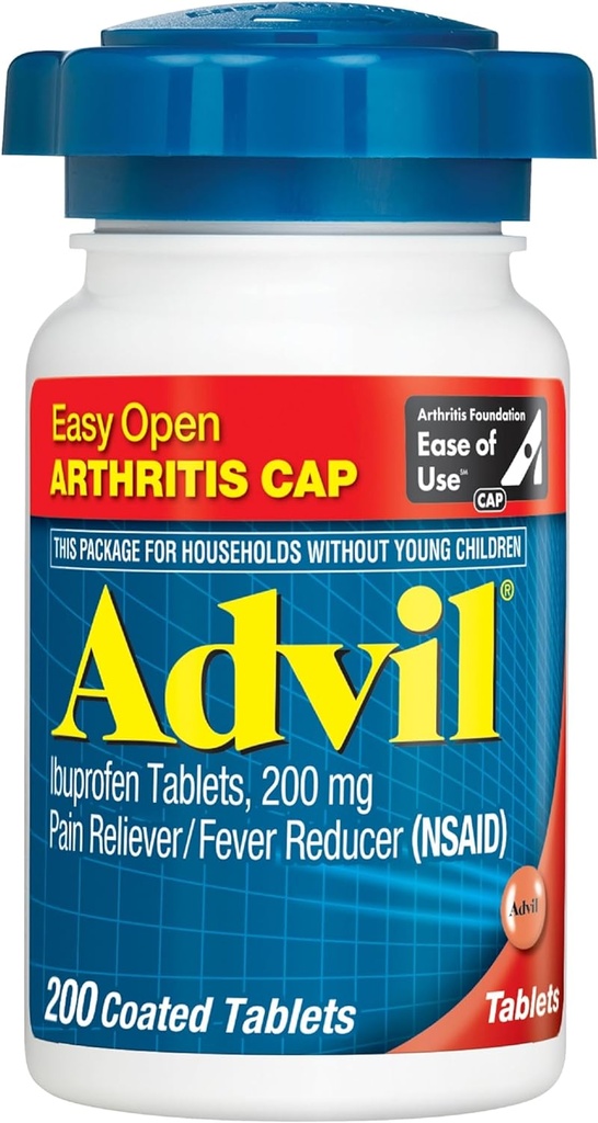 Advil (200 skaitīšanas) Viegli atvērts artrīts Cap Reliver/Fever Reducer apvalkotas tabletes, 200 mg Ibuprofēns, īslaicīga sāpju mazināšana