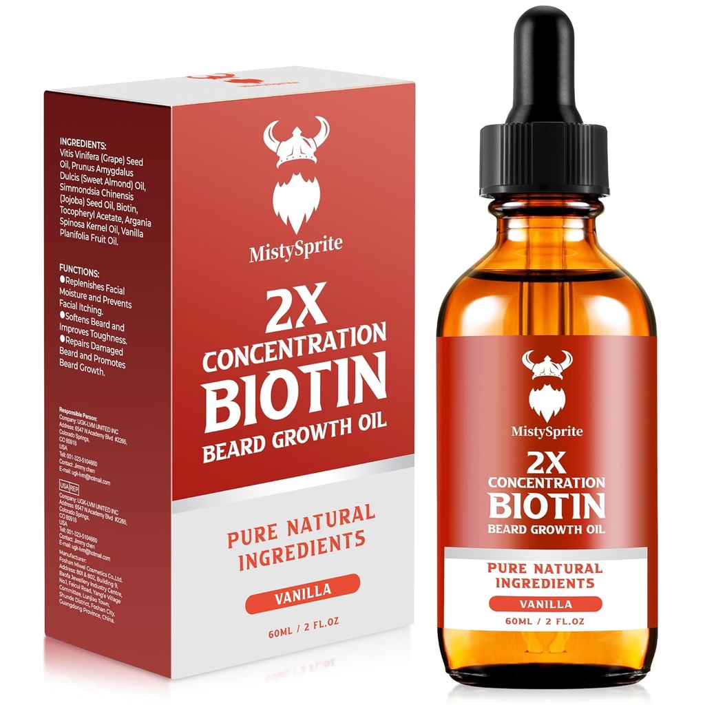 Augu augšanas eļļa - 2X Biotīna koncentrācija vīriešiem (2 oz) - Dabīgs ar arganu, jojobu un vitamīnu, augšanas mīkstinātājs, mitrinošais līdzeklis (Vanilla)