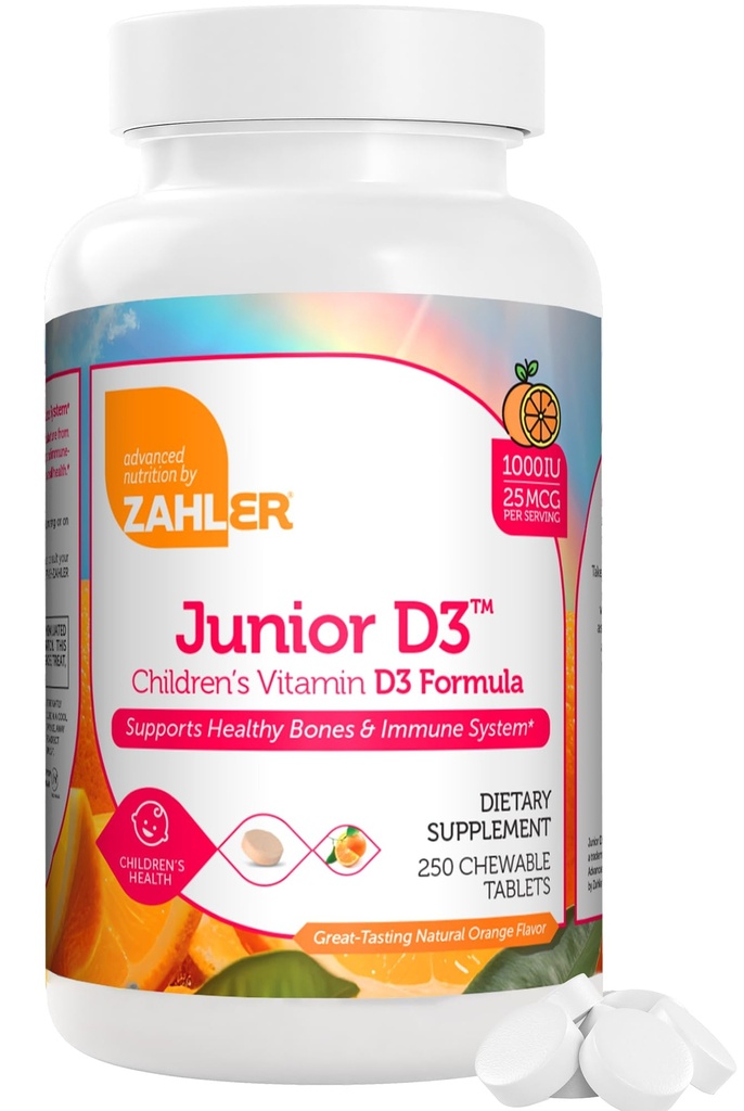 Zahler Junior D3 Vitamīni 1000 SV - Košļājams vitamīns D3 bērniem, lai atbalstītu kaulu, zobu un imūnās veselības - Košera Kids Orange Flavor - 250 grāfs.