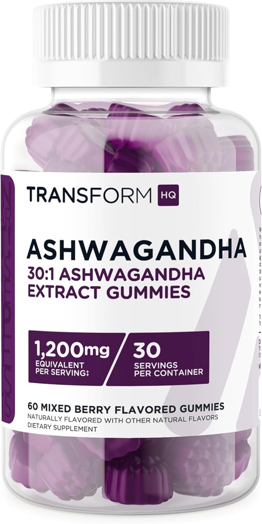 TransformHQ Ashwagandha Gumies 1200mg, 60 Gumijas (Mixed Berry Flavor) - Ashwagandha Herbal Extract Papildinājums - 30 Kalpo, bez lipekļa, ne-GMO