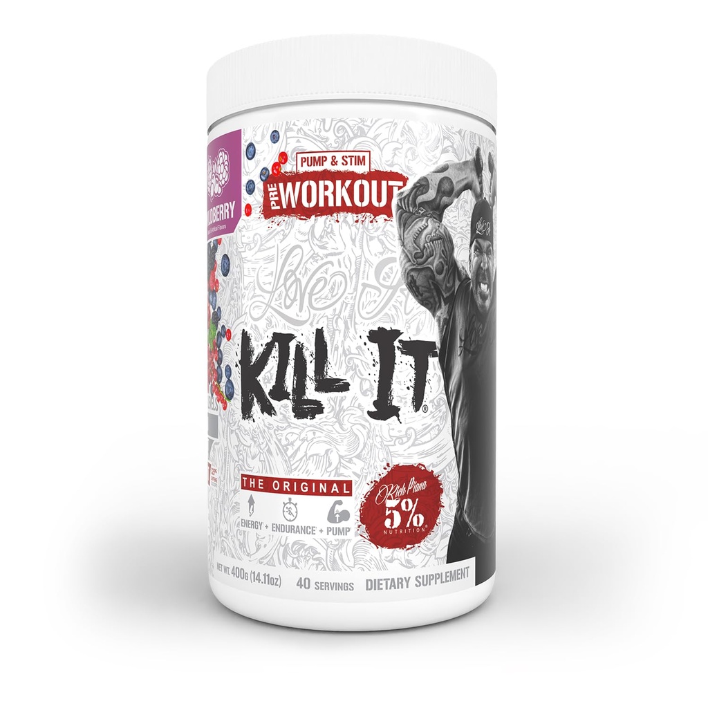 5% Uzturs Rich Piana Kill It Pre Workout Pulveris w/Creatine, kofeīns, Beta Alanine, Hydroprime Glicerīns sūknim, stiprums, izturības  - 14.11 oz, 40 Srvgs (Savvaļas ogas)