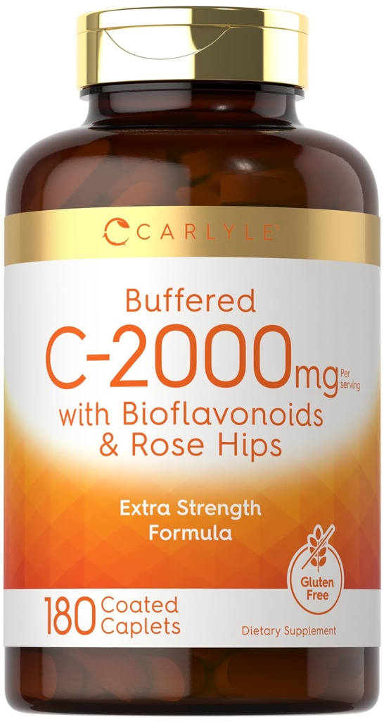 Carlyle Bufered vitamīns C - 2000mg - 180 Caplets - ar Bioflavonoids un Rose HIPS - Veģetārietis, nav GMO, un lipekļa bezmaksas papildinājums