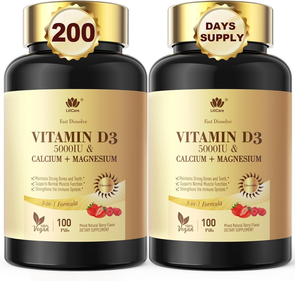 Ātri izšķīdiniet vitamīnu D3 5000IU ar kalciju un magniju - Quick Nutrient Absorbcija-Cukurs bez košļājamām piedevām kaulu stiprumam, zobiem, muskuļiem, imūno veselību, 200 ātras kušanas tabletes