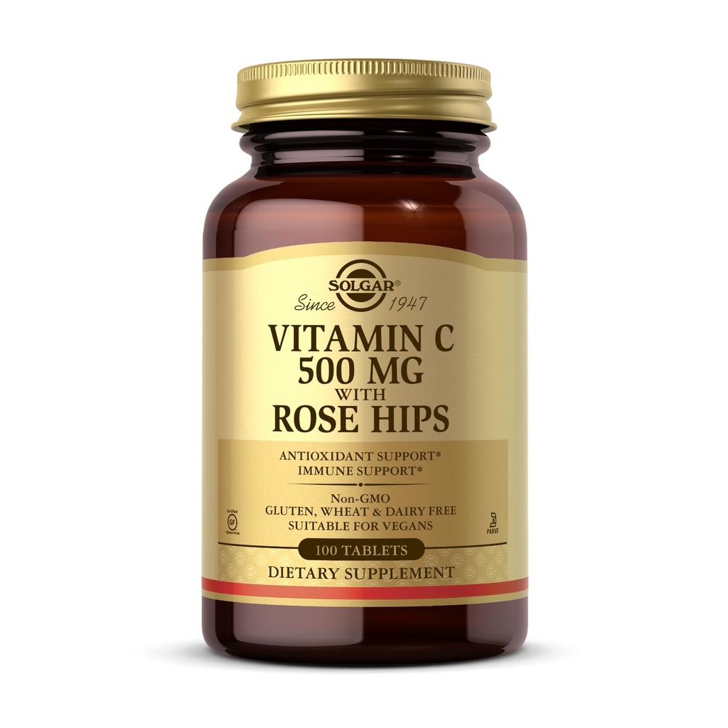 Solgar C vitamīns 500 mg ar Rose HIPS, 100 tabletes - Antioksidants un Imūnais atbalsts - Kopumā veselība - Atbalsta veselīgu ādu un locītavas - ne-GMO, Vegan, bez lipekļa, bez piena, Kosher - 100 Kalpo