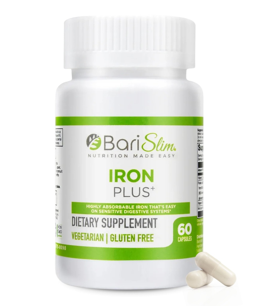 BariSlim Iron Plus kapsulas - formulētas pacientiem pēc svara zaudēšanas operācijas, tai skaitā kuņģa un zarnu trakta piedurknes – viegla gremošanas un visaptverošas veselības aprūpes atbalsts; 2 mēnešu piedāvājums (60 Kalpo)