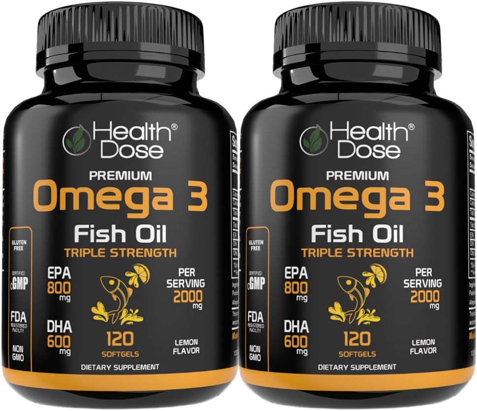 Veselības deva Omega 3 Zivju eļļa – ar citronu apstrādāti softgeli ar EPA un DHA smadzeņu, sirds un labsajūtas atbalstam – viegli uzlīmējama, bez zivju burkām – 120 softgeli, iepakojumā 2