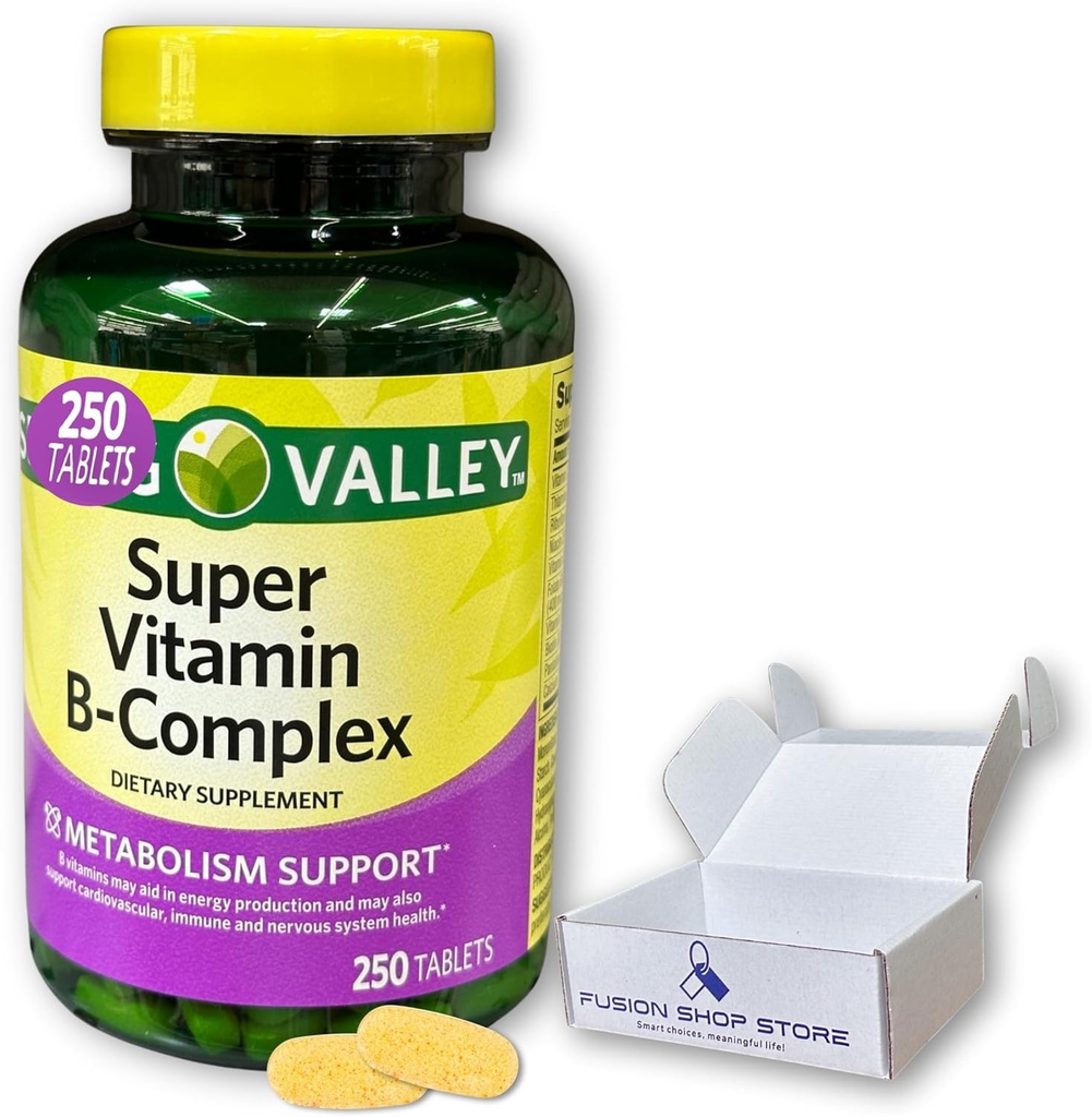 Super vitamīns B Complex Spring Valley- Tabletes 250 Skaits B6 B12 C tiamīna biotīna folāta pantotēnskābe un riboflavīns, Boxed by Fusion Shop veikals