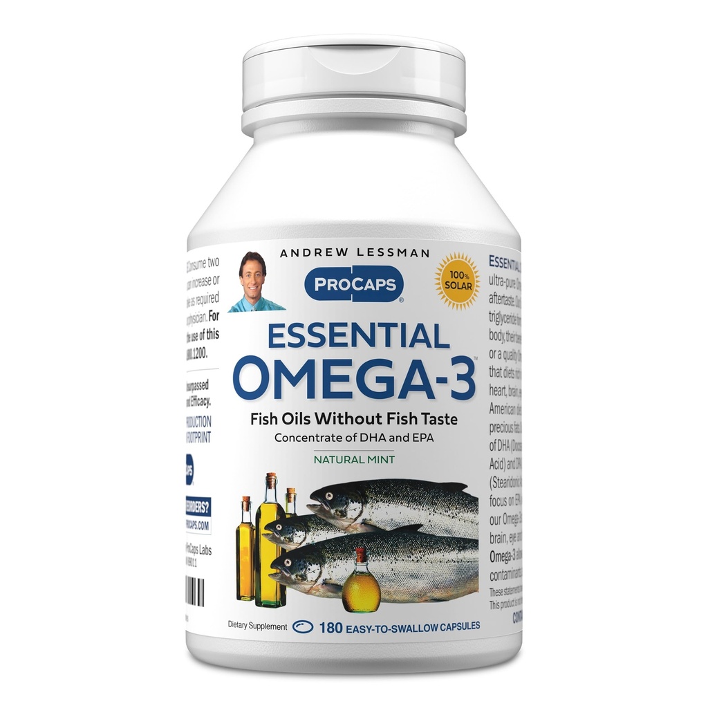 ANDREW LESSMAN Essential Omega-3 Mint - 180 Softgels - Ultra-Pure, augstas potences Omega-3 eļļas. Augsta DHA, Bez kuņģa pacēluma, Bez piesārņotājiem, Bez dzīvsudraba. Mazs, viegli norij Sofgelus