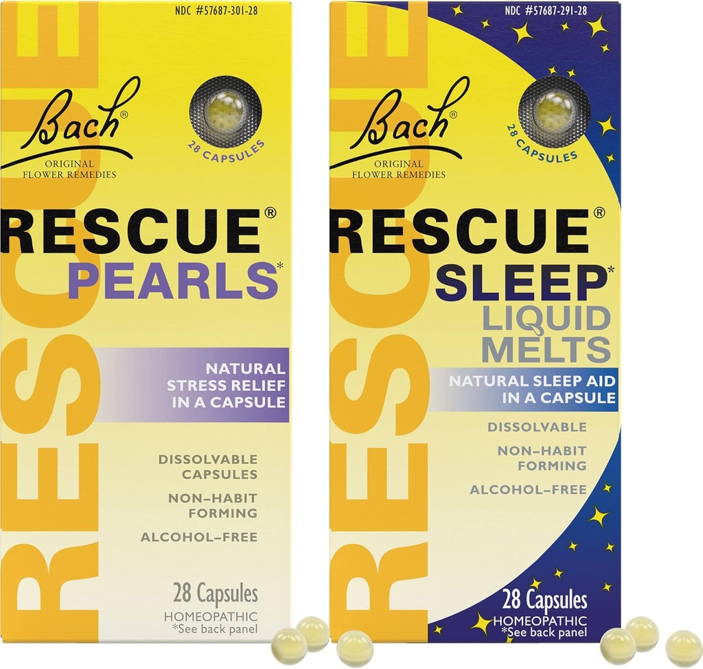 Stress un miegs, bach RESCUE pērles, dabas stresa mazināšana [un] RESCUE miega šķidruma kausējumi, dabas miega atbalsts - 2-Pk, Homeopātiskā ziedu būtība