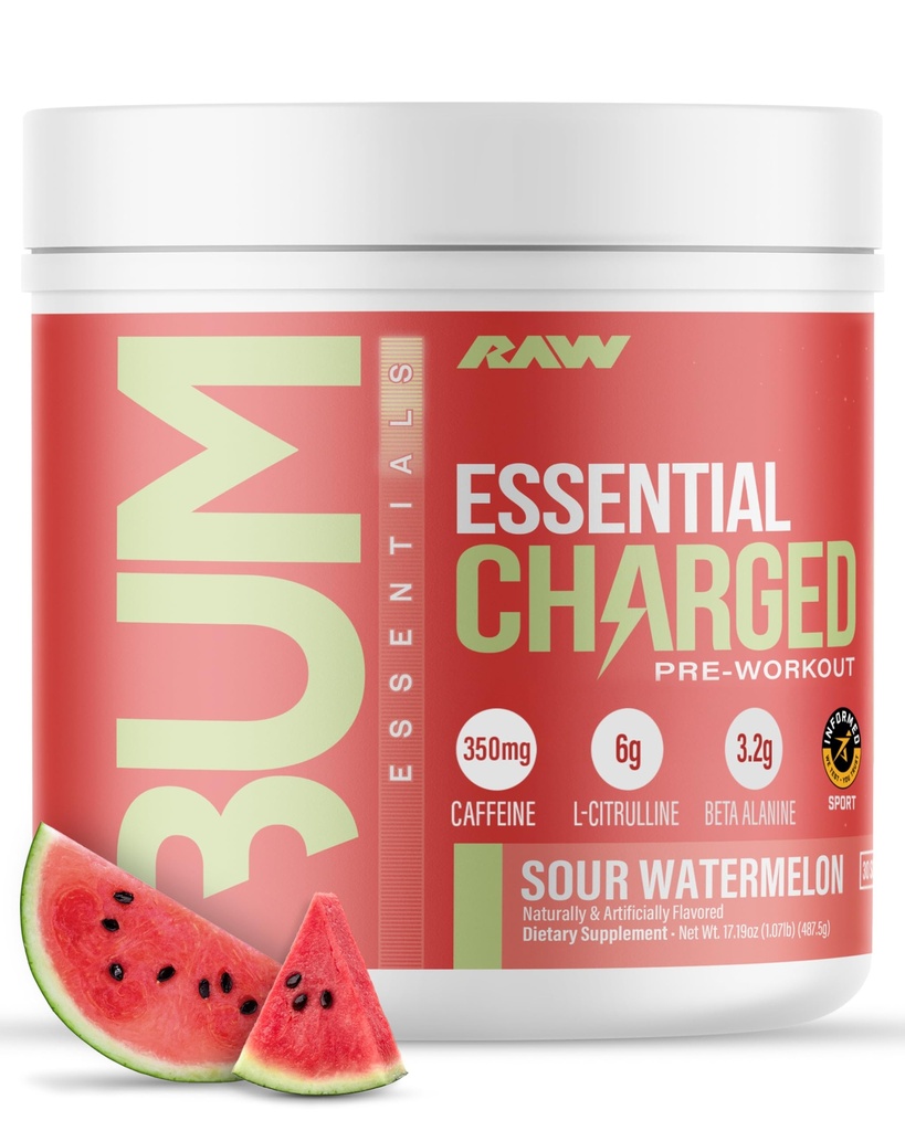 RAW Pre-Workout pulveris, essential CHARGED (Ātrais arbūzs) - Preworkout papildinājums vīriešiem un sievietēm - Atbalsta Focus, Mood & Performance - Kofeīns, Alpha-GPC, L-Citrulline, Beta Alanine (25 Kalpo)