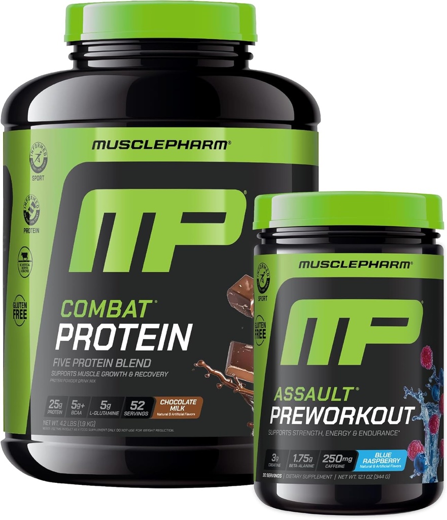 Muskuļu Pharm Combat 4lb Šokolādes proteīns un muskulisPharm Assault Blue Aveņu Pre-Workout