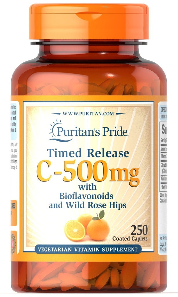 Puritan's Pride C vitamīns 500 mg ar Rose HIPS Caplets, 250 skaitīšanas