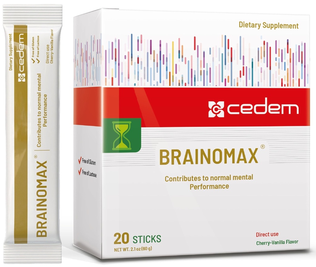 Šveice BRAINOMAX 20 pulvera stienīši, smadzeņu revakcinācijas papildinājums, Ķiršu-Vanilla Flavor ar citiolīnu, N-Acetyl-L-karnitīns, Nootropās smadzeņu papildinājumi atmiņas un Focus, kognitīvais atbalsts