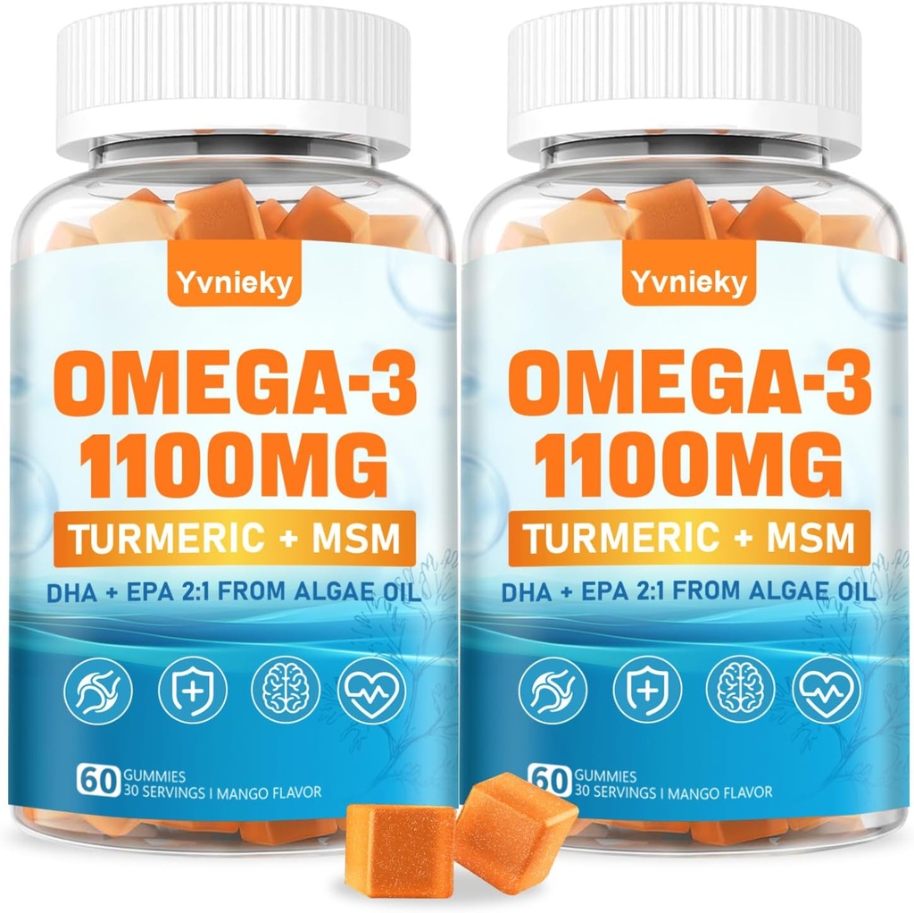 Vegan Omega 3 papildinājums Gumijas 1100m pieaugušajiem - DHA 680mg & EPA 340mg ar Turmeric, MSM, C vitamīns, E, D3, Cinka - Aļģu zivju eļļa alternatīva